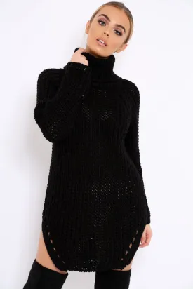 Black Chunky Knit Roll Neck Cut Out Hem Jumper Dress - Catalina