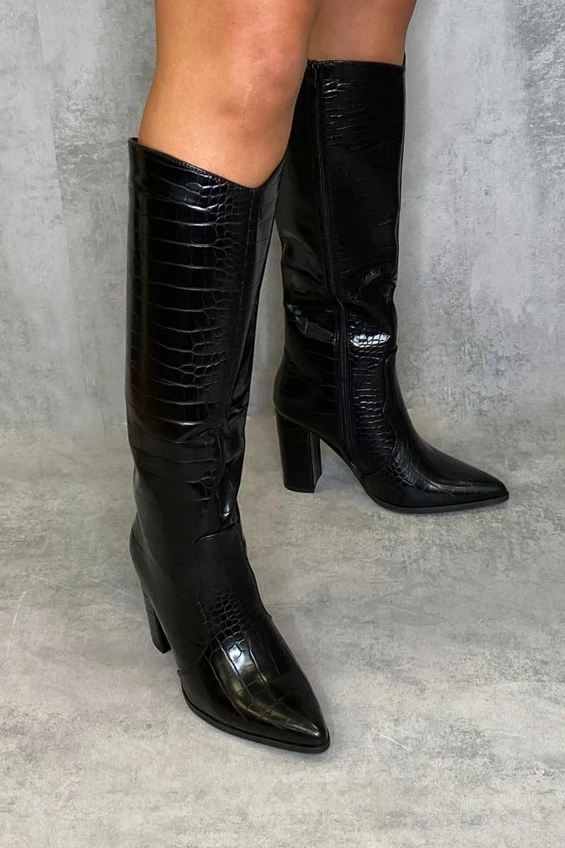 Black Croc Calf Heeled Boots - Parris