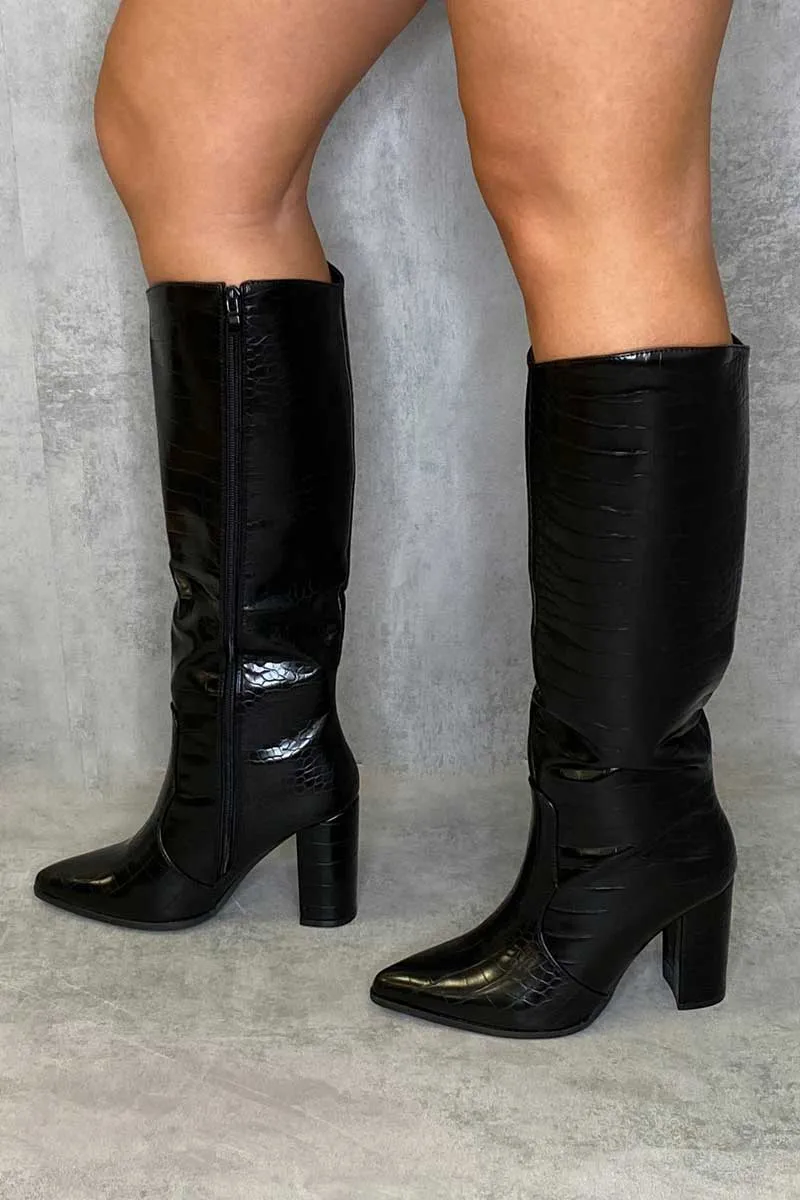 Black Croc Calf Heeled Boots - Parris