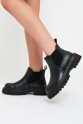 Black Faux Leather Ankle High Chunky Sole Boots - Tanna