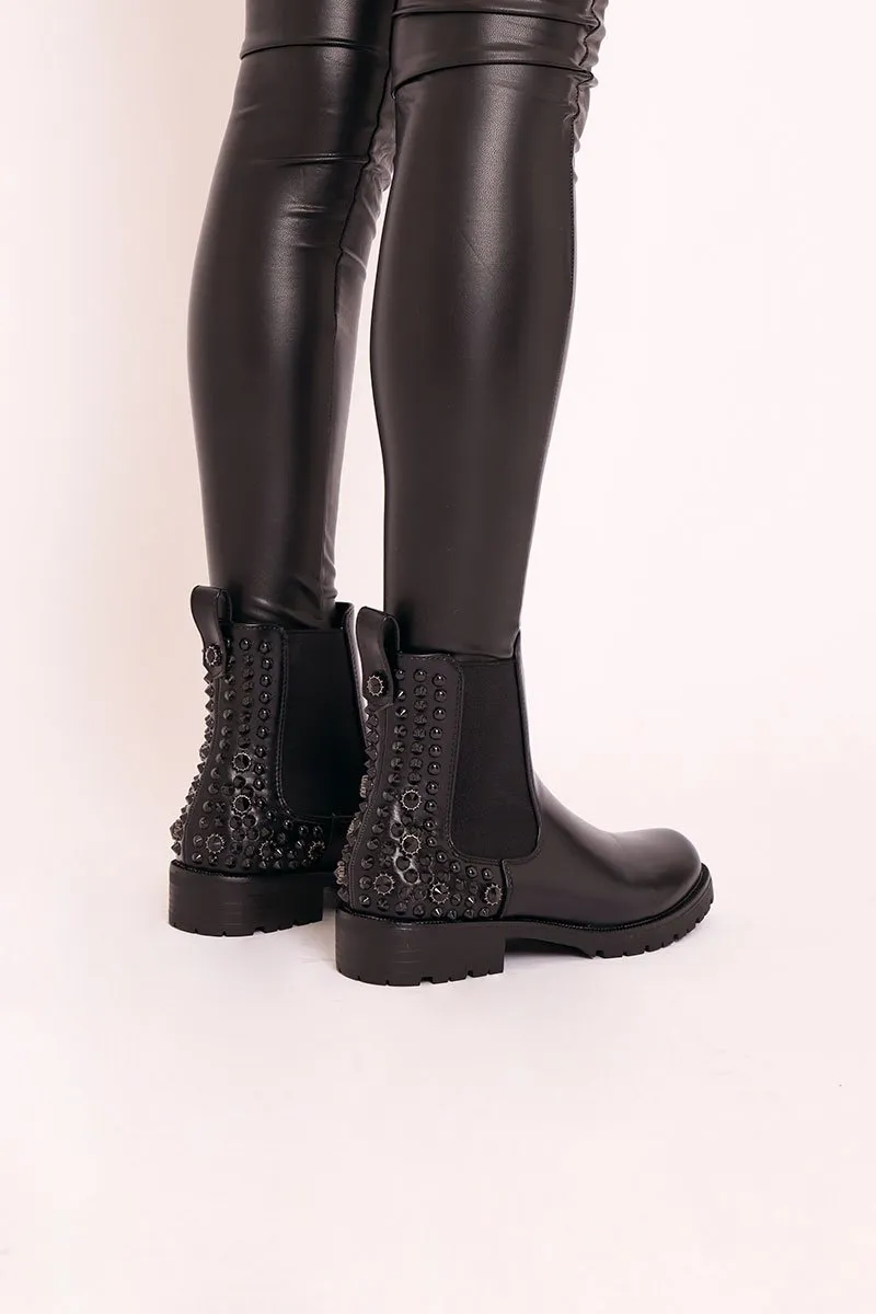 Black Faux Leather Black Studded Chelsea Boots - Katelin