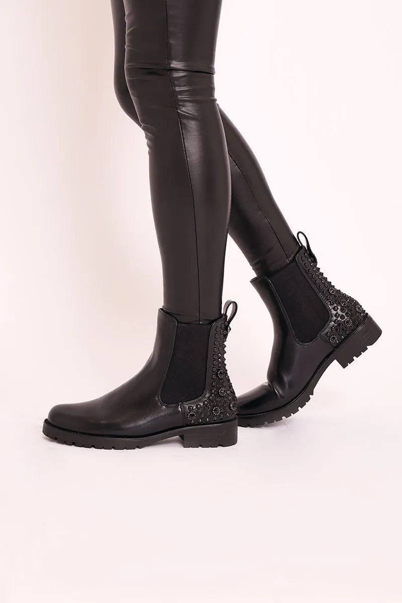 Black Faux Leather Black Studded Chelsea Boots - Katelin