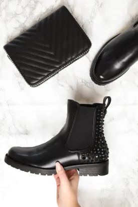 Black Faux Leather Black Studded Chelsea Boots - Katelin