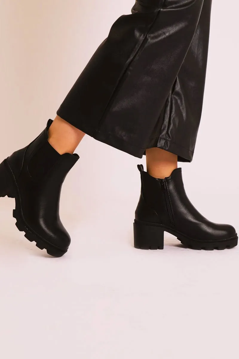 Black Faux Leather Chunky Heeled Chelsea Boots - May