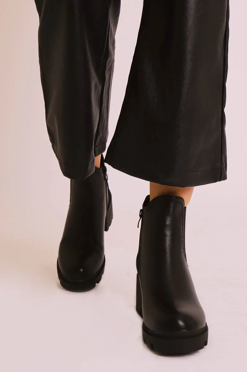 Black Faux Leather Chunky Heeled Chelsea Boots - May