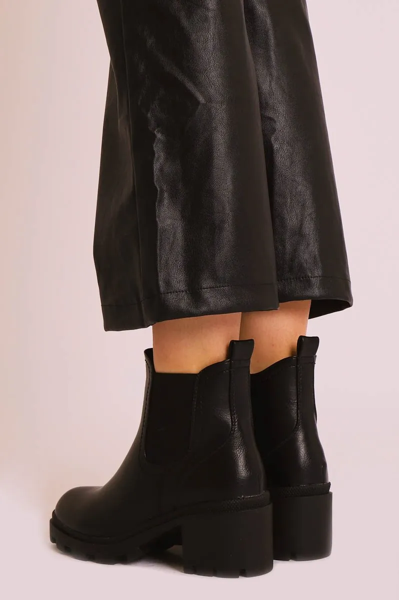 Black Faux Leather Chunky Heeled Chelsea Boots - May