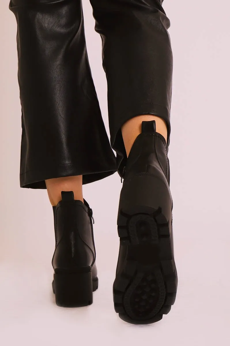 Black Faux Leather Chunky Heeled Chelsea Boots - May