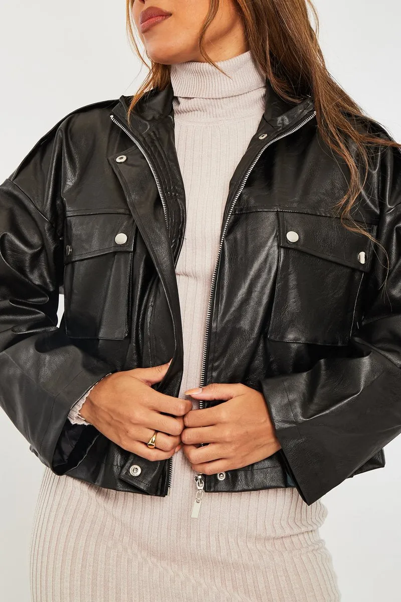 Black Faux Leather Oversized Utility Jacket - Catori