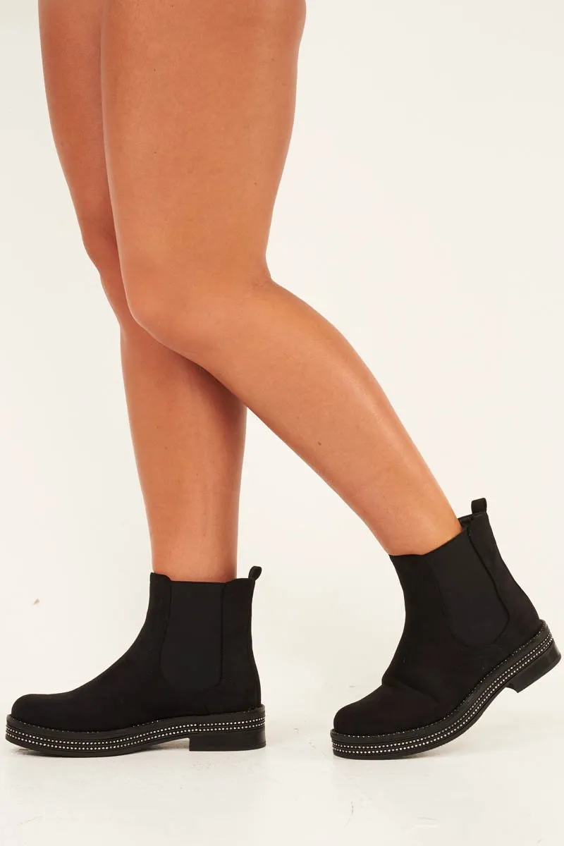 Black Faux Suede Diamante Trim Chunky Boots - Seanna