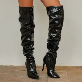 Elastic Patent Leather Pleated Over-knee Boots