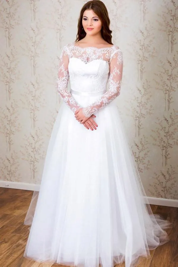 Elegant A-line Long Sleeves White Lace Wedding Dress Bridal Gowns WD112