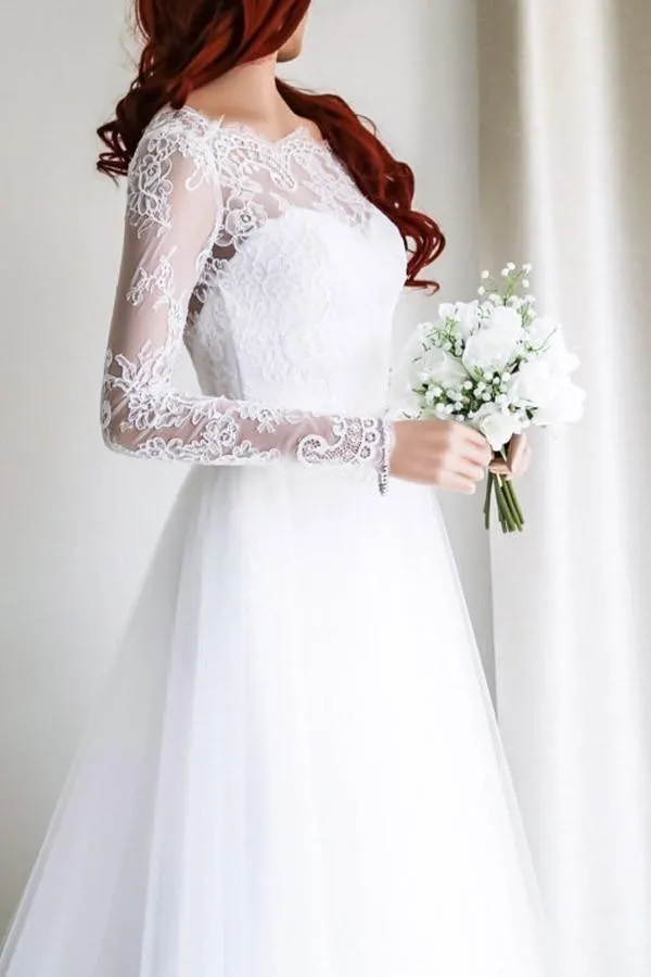 Elegant A-line Long Sleeves White Lace Wedding Dress Bridal Gowns WD112