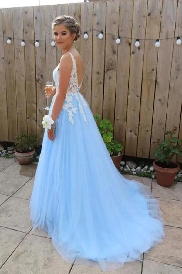 Elegant Blue Tulle A line V neck Lace Long Prom Dresses Formal Dresses PG848