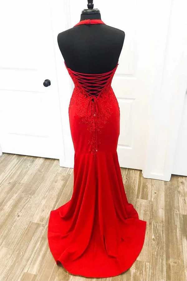 Elegant Red Halter Mermaid Prom Dress with Appliques  PSK505