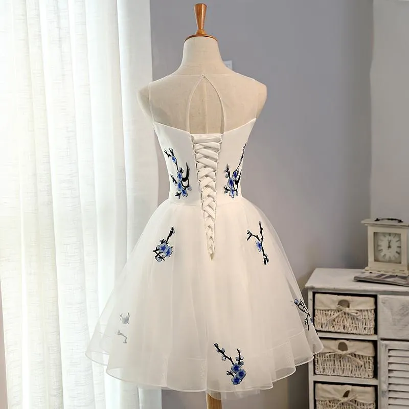 Embroidery Flowers Short Homecoming Dress Prom Dresses