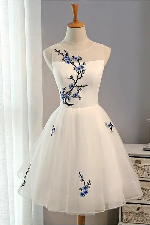 Embroidery Flowers Short Homecoming Dress Prom Dresses