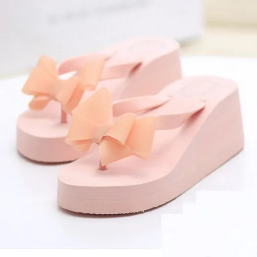 Free Shipping Women Sandals 2015 Flowers Wedges Summer Sandals sweet bowtie Women platform Beach Flip Flops Women Shoes ALF108