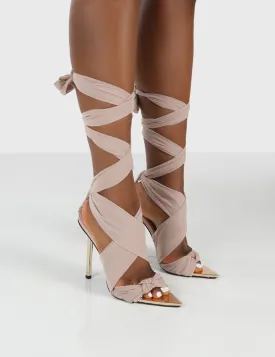 Huni Nude Ribbon Tie Up Gold Stiletto Heels