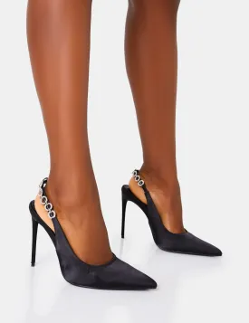 Leanna Black Satin Diamante Slingback Court Stiletto Heel