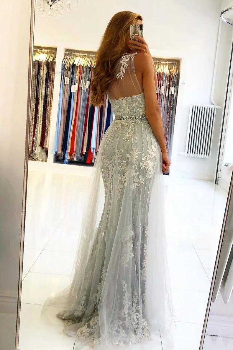 Mermaid One Shoulder Tulle Grey Mermaid Prom Dress Appliques Long Evening Dress