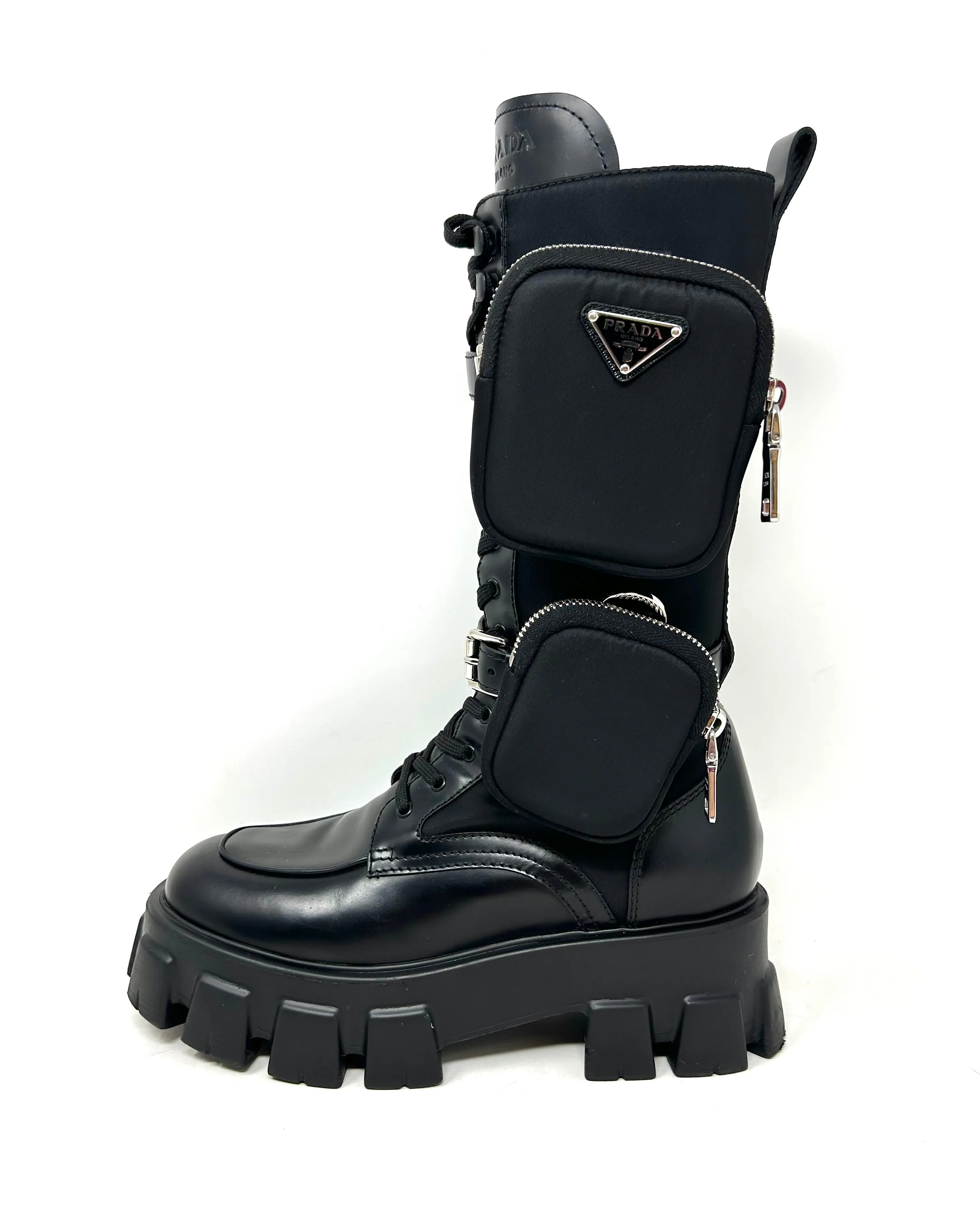 Prada Monolith Black Leather And Nylon Tall Combat Boots 39 UK 6