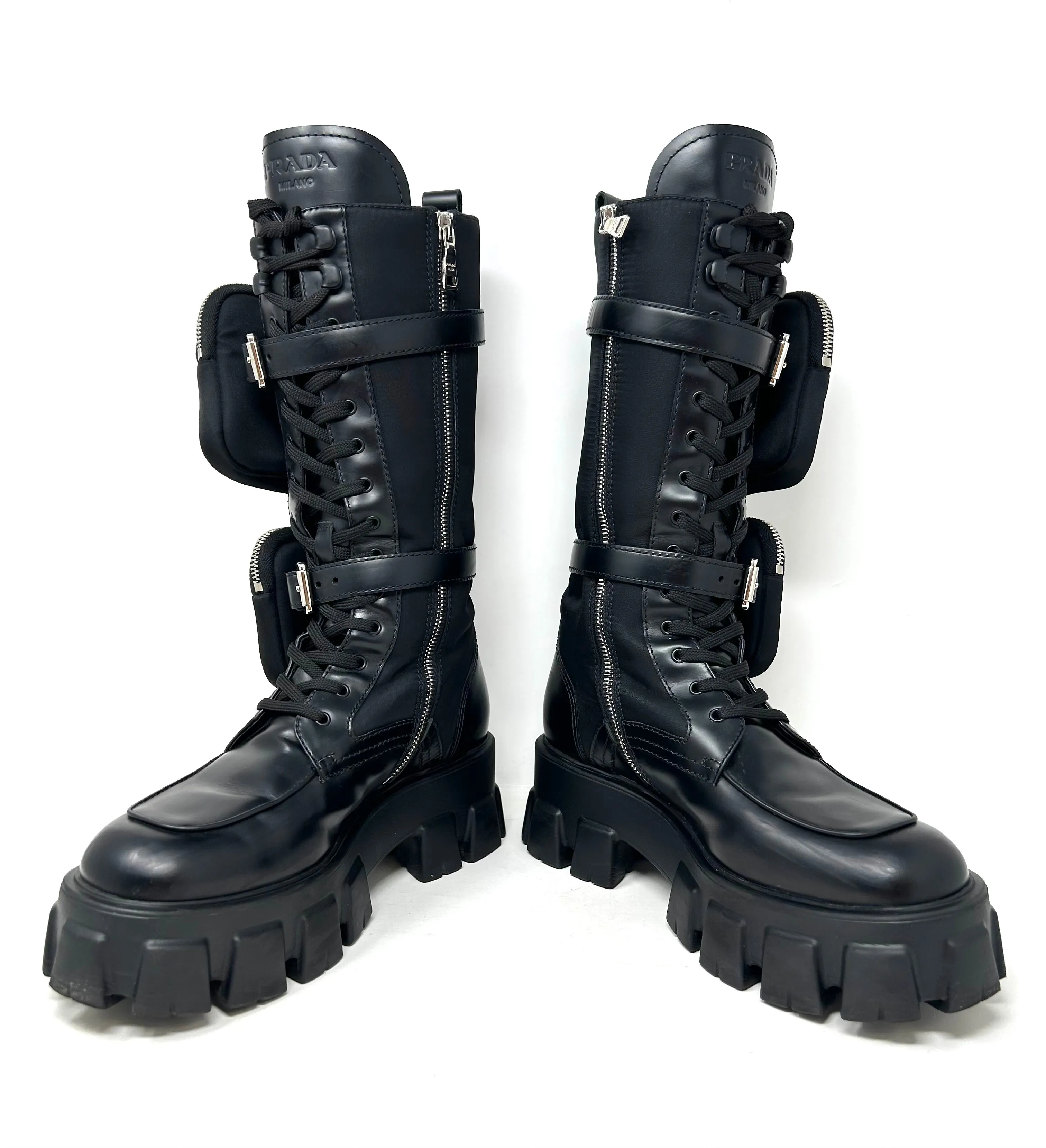 Prada Monolith Black Leather And Nylon Tall Combat Boots 39 UK 6