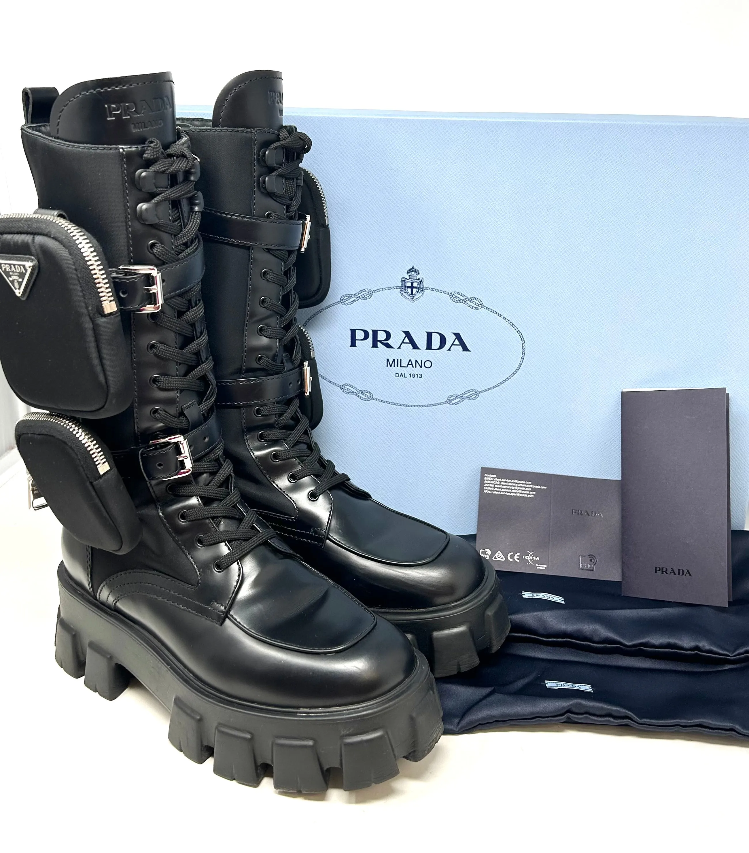 Prada Monolith Black Leather And Nylon Tall Combat Boots 39 UK 6