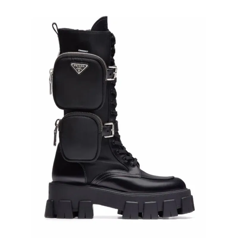 Prada Monolith Black Leather And Nylon Tall Combat Boots 39 UK 6