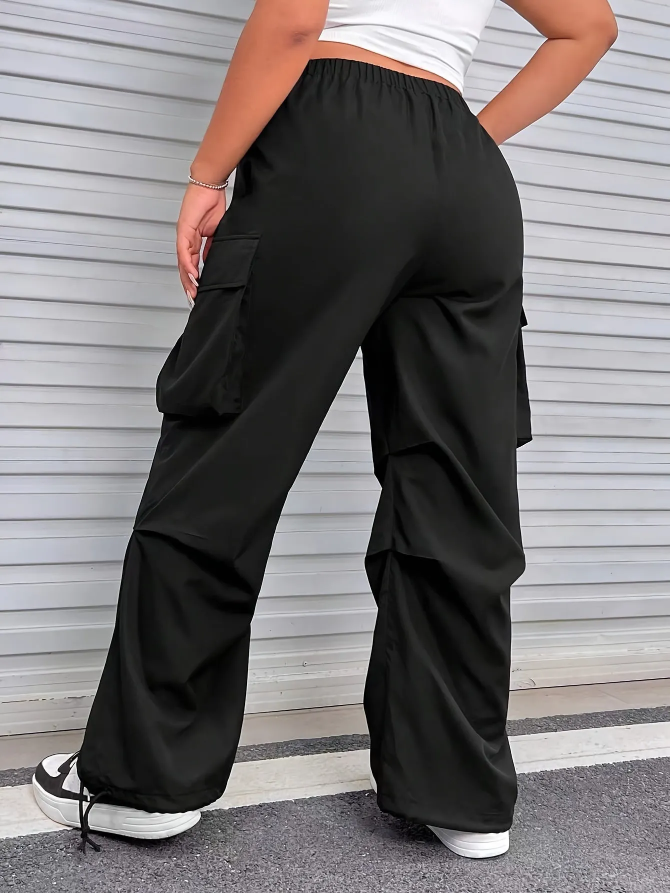 Solid Baggy Cargo Pants - Comfortably Casual with Pocket Elastic Waist