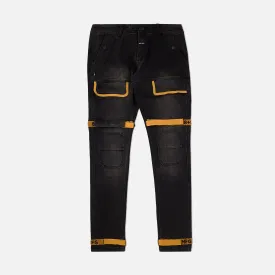 Strapped Up Slim Utility Jeans Black Denim Gold Straps