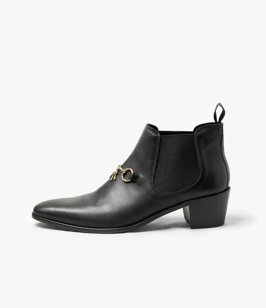 Tassel Bit Heeled Chelsea Boot – Black Leather